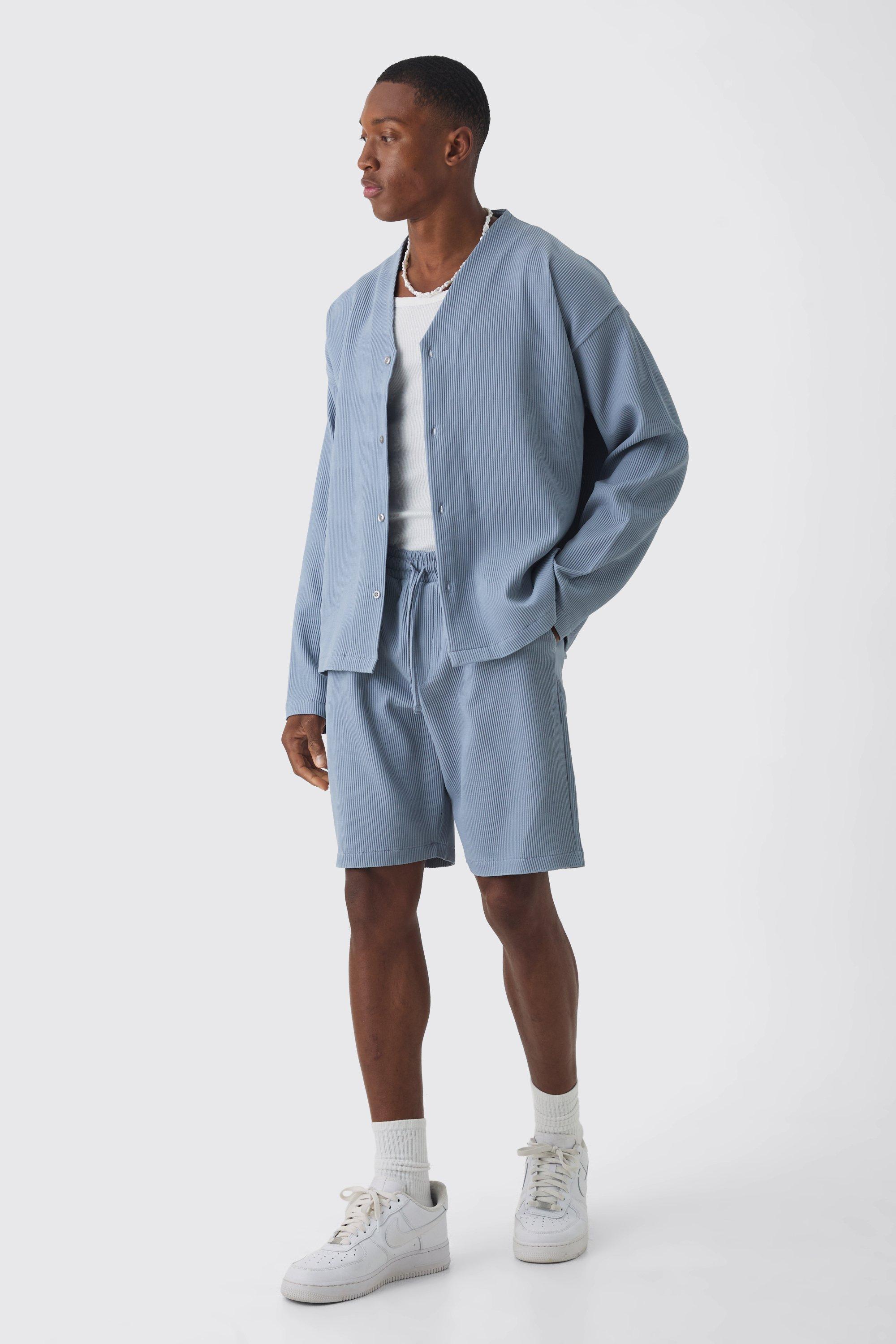 Mens Blue Pleated Longsleeve Collarless Boxy Shirt & Short Set, Blue